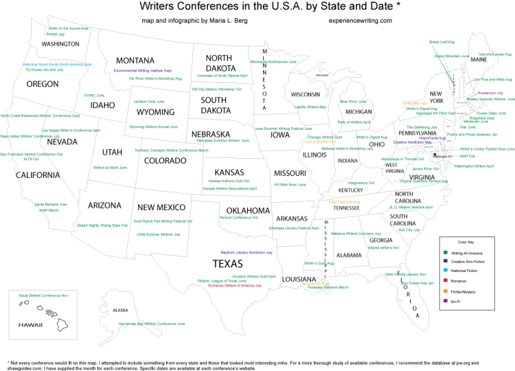 Map of US with writers conferences by state and month