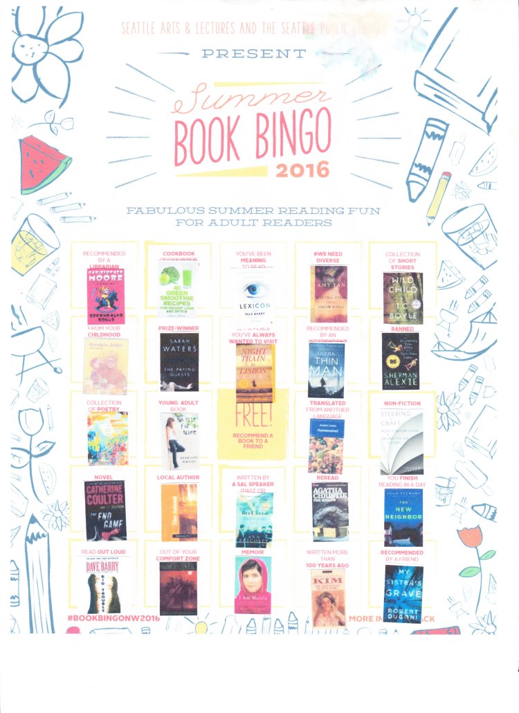 A scanned image of my completed seattle public library bingo card with little images of each book cover in each space.