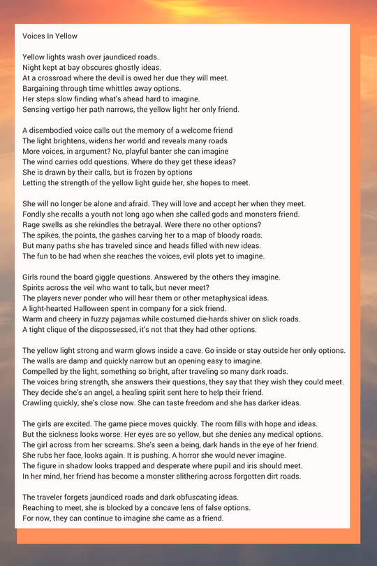 a poem by Maria L. Berg called Voices in Yellow