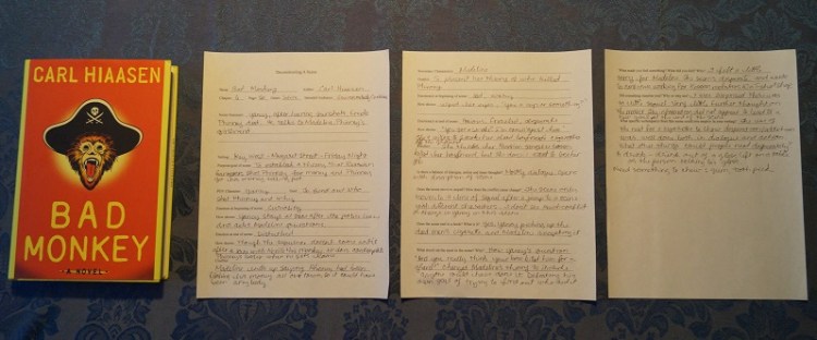 image of the book Bad Monkey by Carl Hiaasen and a filled in scene deconstruction worksheet