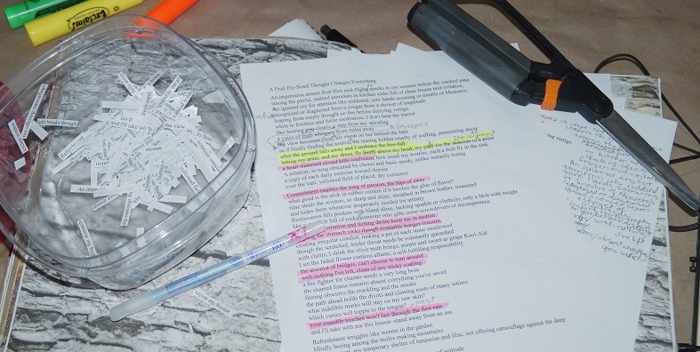 A highlighted poem and a container full of chopped up phrases