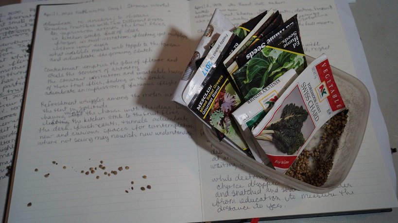 A photograph of seed packets and loose seeds on a poetry notebook.