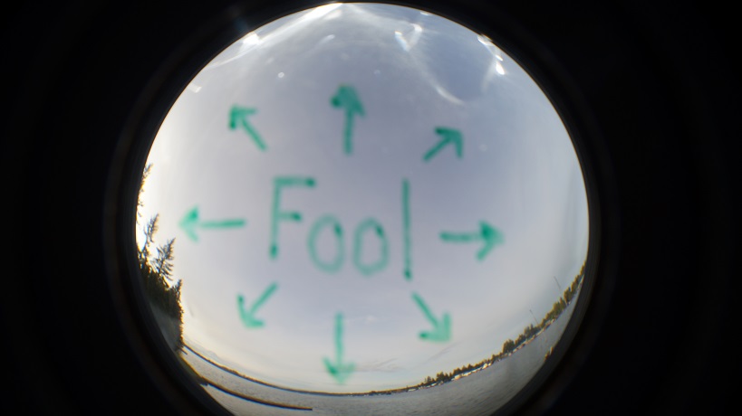 The word Fool encircled by arrows written in dark green on the sky in the circle of a fisheye lens