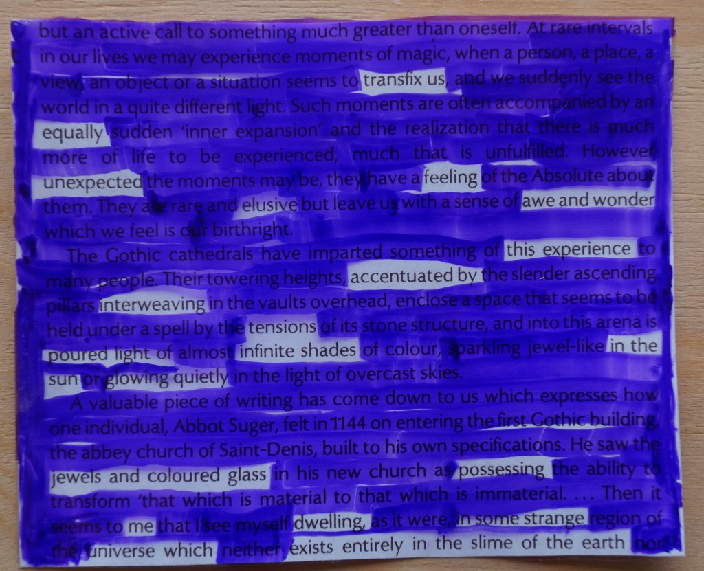 A blackout poem using purple sharpie on clear plastic over a random page from Rose Windows by Painton Cowen.