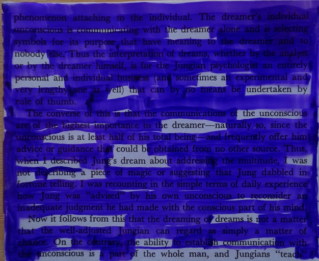 The same purple blackout over a new text from Man and his symbols by Carl G. Jung, creating a new poem.