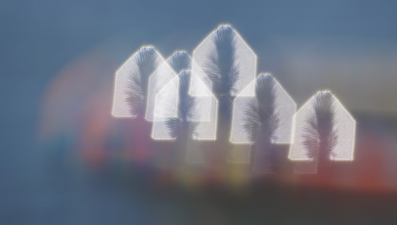 A bokeh shape image of feathers in house shapes.