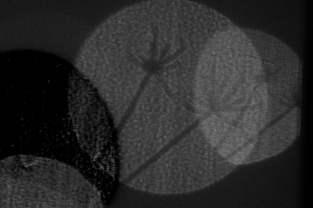 Black and white abstract photograph showing overlapping circular shapes with textures and shadows resembling ghostly silhouettes.