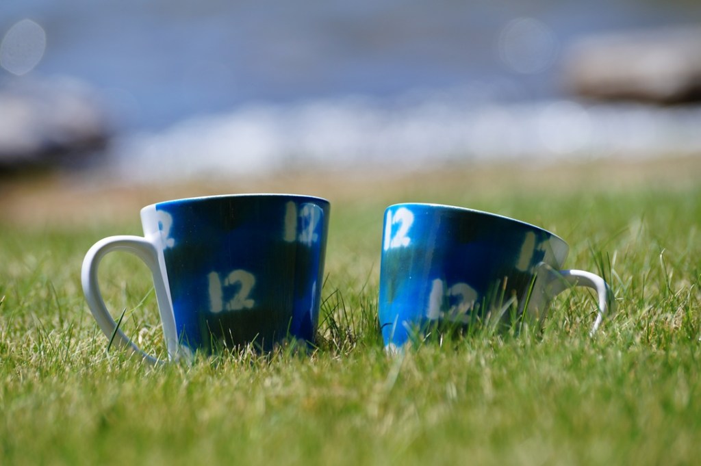 Two blue and green mugs with the number 12 on them in white. The mugs sit in the grass in front of blurred water.